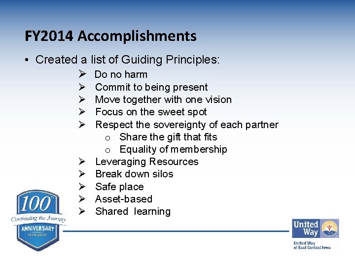 FY 2014 Accomplishments • Created a list of Guiding Principles: Ø Do no harm