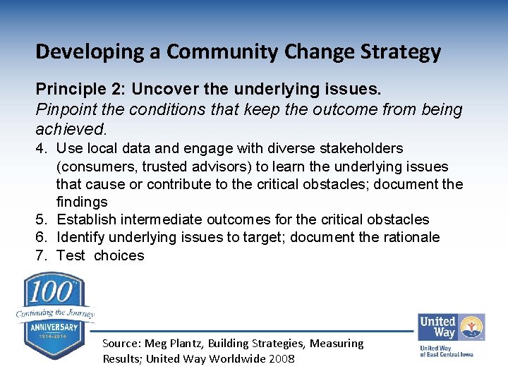 Developing a Community Change Strategy Principle 2: Uncover the underlying issues. Pinpoint the conditions