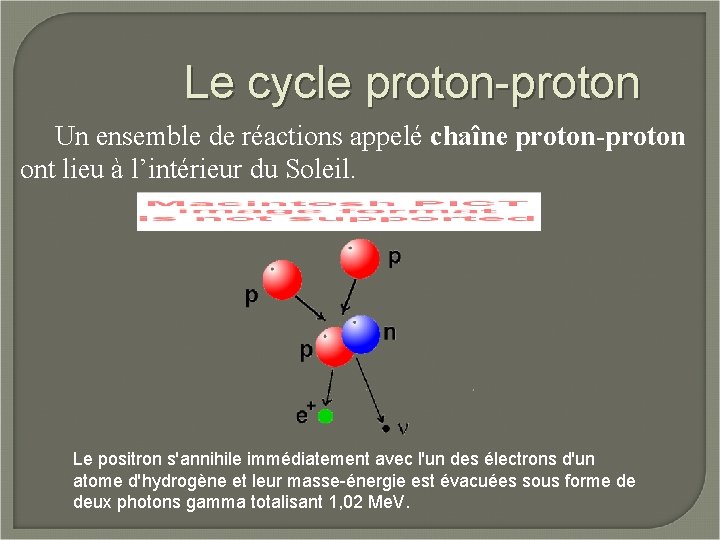 Le cycle proton-proton Un ensemble de réactions appelé chaîne proton-proton ont lieu à l’intérieur