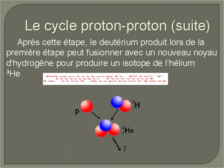 Le cycle proton-proton (suite) Après cette étape, le deutérium produit lors de la première