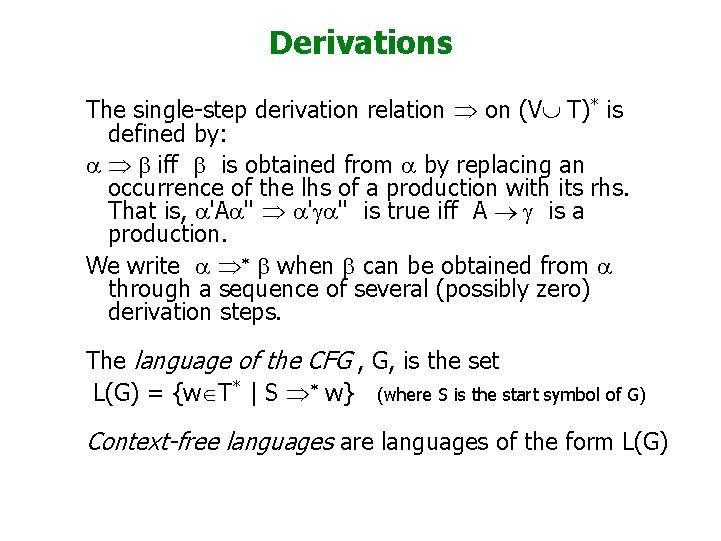 Derivations The single-step derivation relation Þ on (VÈ T)* is defined by: a Þ