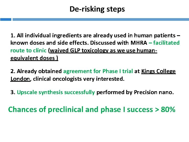 De-risking steps 1. All individual ingredients are already used in human patients – known