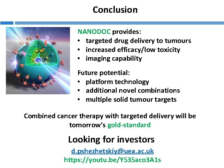 Conclusion NANODOC provides: • targeted drug delivery to tumours • increased efficacy/low toxicity •