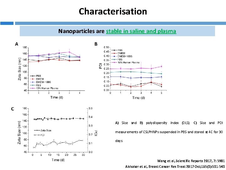 Characterisation Nanoparticles are stable in saline and plasma A) Size and B) polydispersity index