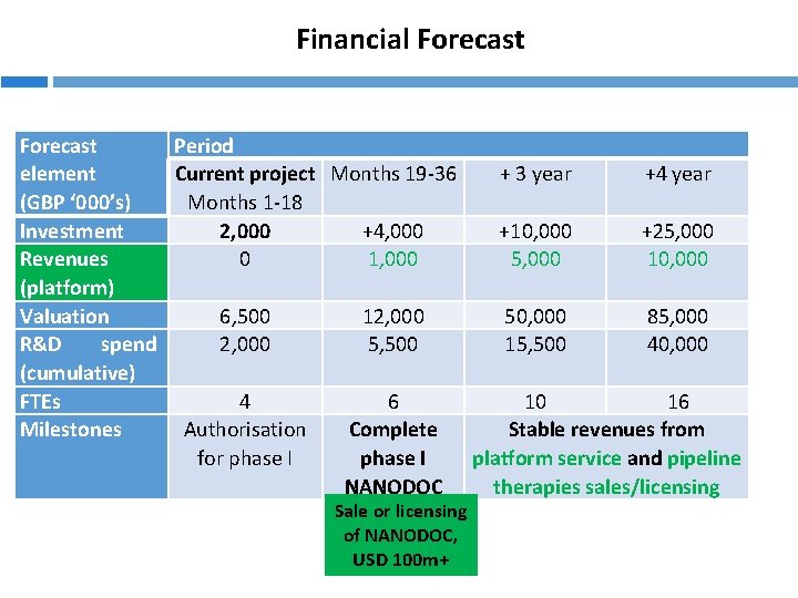 Financial Forecast Period Current project Months 19 -36 + 3 year +4 year element