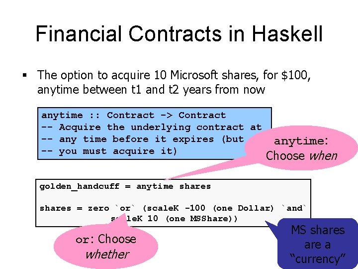 Financial Contracts in Haskell § The option to acquire 10 Microsoft shares, for $100,