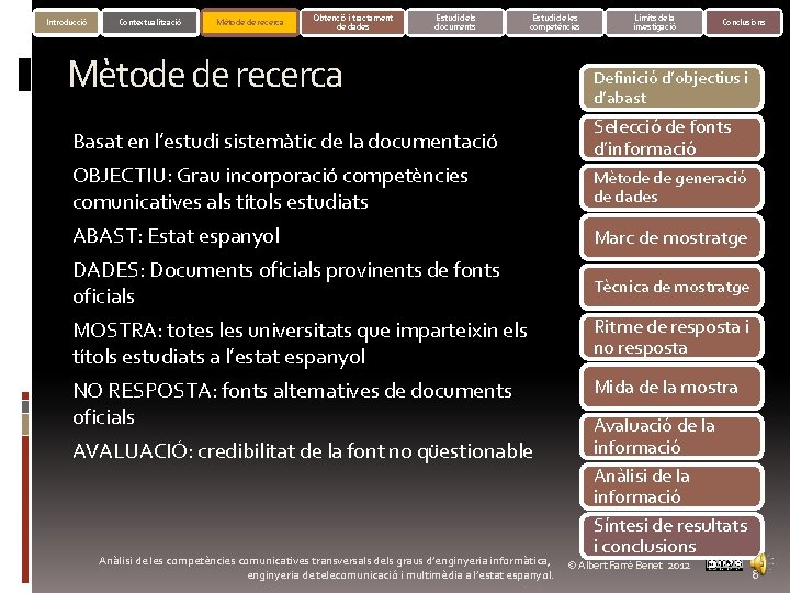 Introducció Contextualització Mètode de recerca Obtenció i tractament de dades Estudi dels documents Estudi