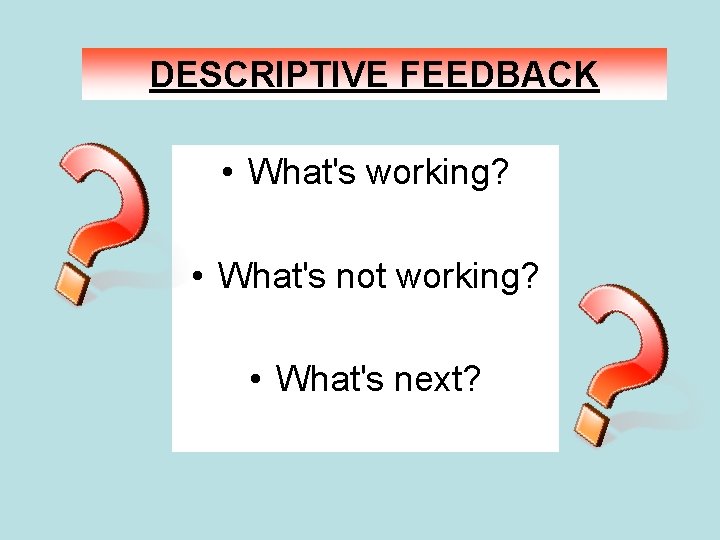 DESCRIPTIVE FEEDBACK • What's working? • What's not working? • What's next? 