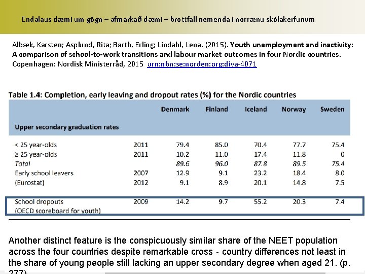 Endalaus dæmi um gögn – afmarkað dæmi – brottfall nemenda í norrænu skólakerfunum Albæk,