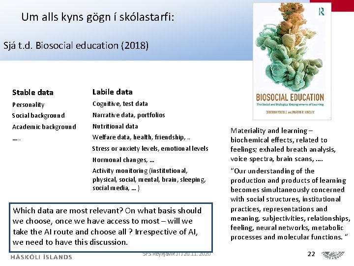 Um alls kyns gögn í skólastarfi: Sjá t. d. Biosocial education (2018) Stable data