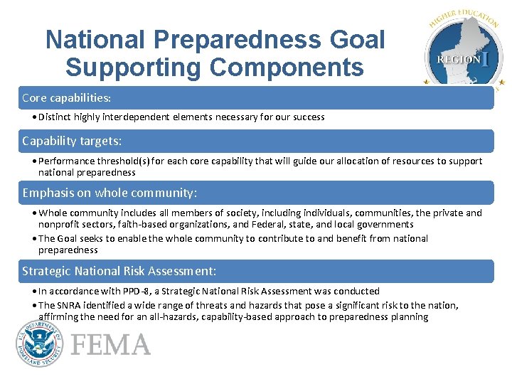 National Preparedness Goal Supporting Components Core capabilities: • Distinct highly interdependent elements necessary for