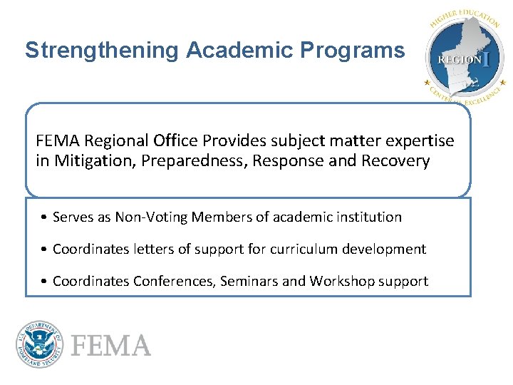 Strengthening Academic Programs FEMA Regional Office Provides subject matter expertise in Mitigation, Preparedness, Response