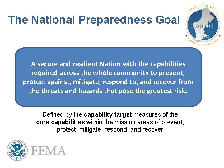 The National Preparedness Goal A secure and resilient Nation with the capabilities required across