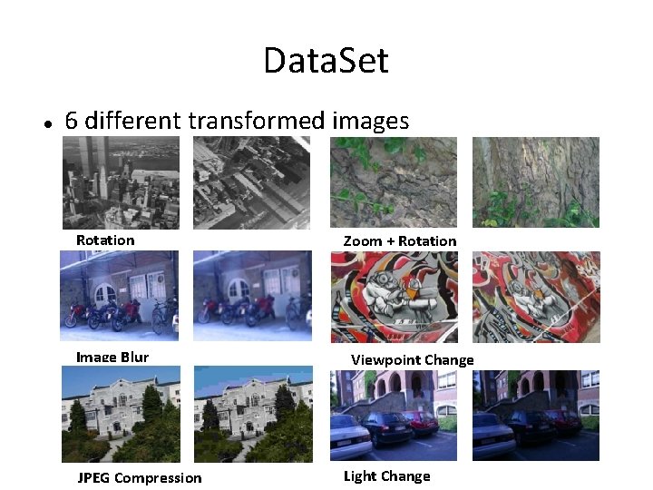 Data. Set 6 different transformed images Rotation Image Blur JPEG Compression Zoom + Rotation