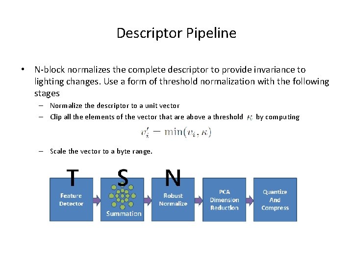 Descriptor Pipeline • N-block normalizes the complete descriptor to provide invariance to lighting changes.