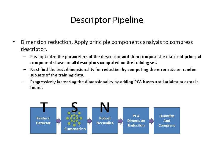 Descriptor Pipeline • Dimension reduction. Apply principle components analysis to compress descriptor. – First