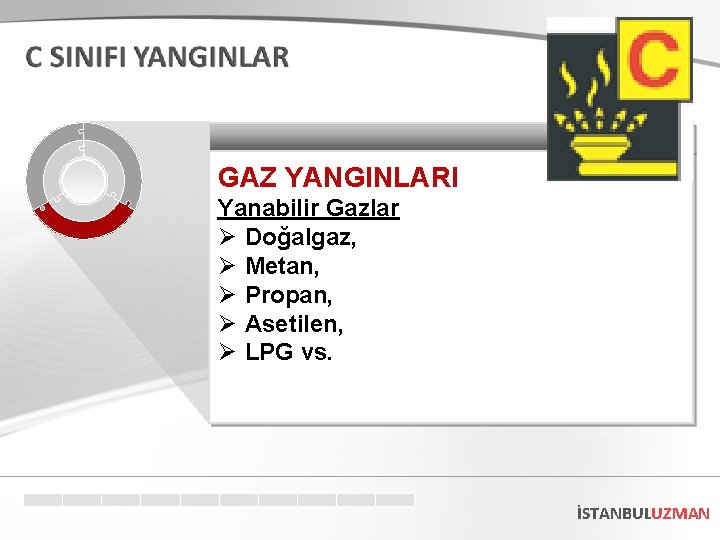 GAZ YANGINLARI Yanabilir Gazlar Ø Doğalgaz, Ø Metan, Ø Propan, Ø Asetilen, Ø LPG