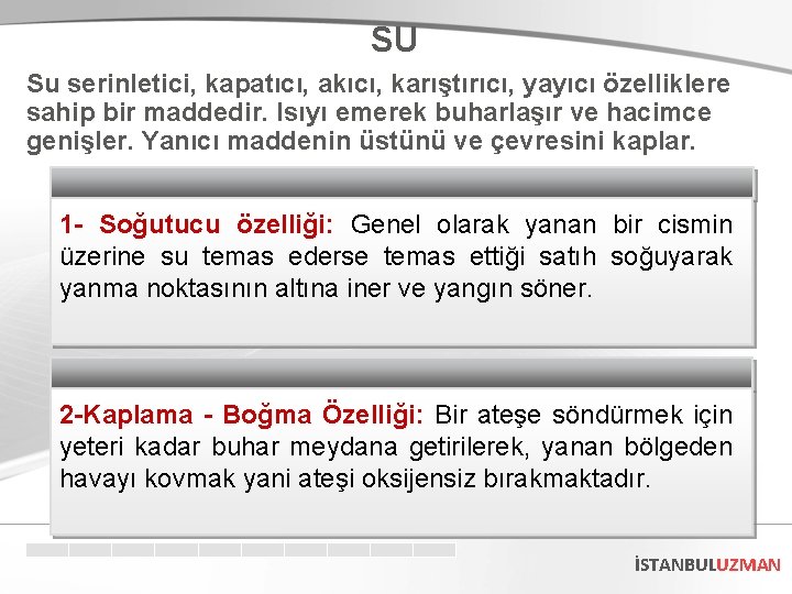 SU Su serinletici, kapatıcı, akıcı, karıştırıcı, yayıcı özelliklere sahip bir maddedir. Isıyı emerek buharlaşır