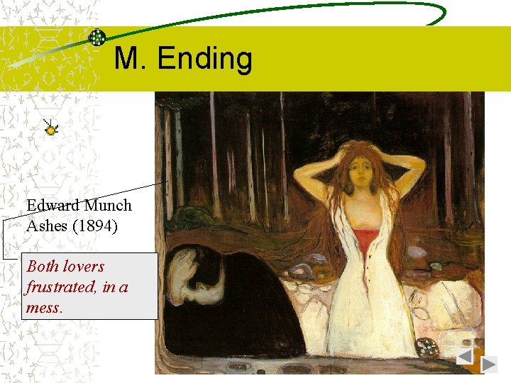 M. Ending Edward Munch Ashes (1894) Both lovers frustrated, in a mess. 