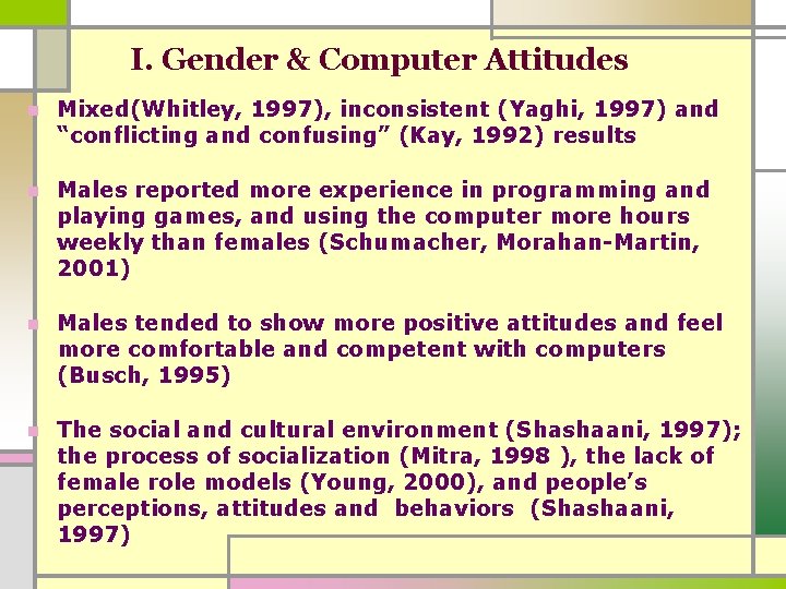 I. Gender & Computer Attitudes n Mixed(Whitley, 1997), inconsistent (Yaghi, 1997) and “conflicting and