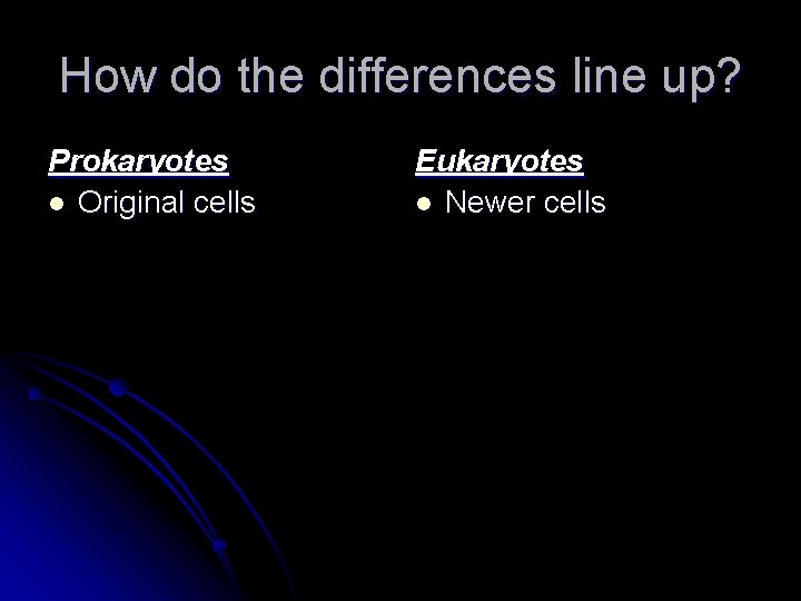 How do the differences line up? Prokaryotes l Original cells Eukaryotes l Newer cells