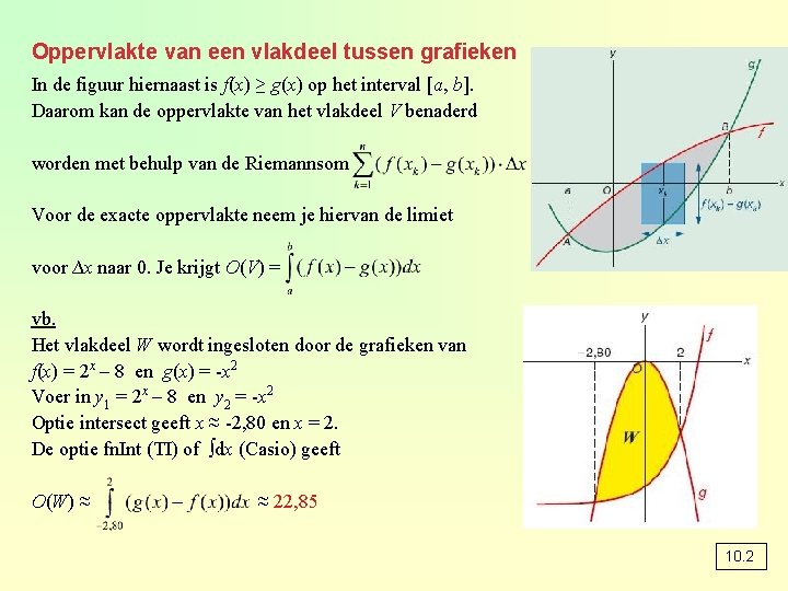 Oppervlakte van een vlakdeel tussen grafieken In de figuur hiernaast is f(x) ≥ g(x)