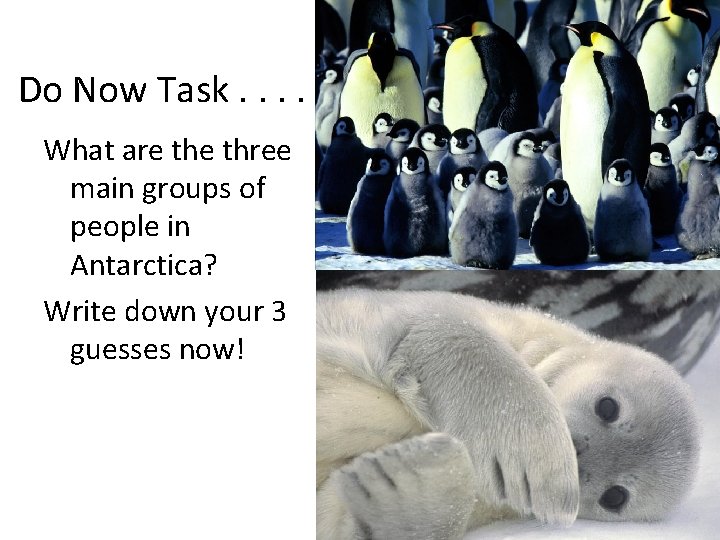 Do Now Task. . . What are three main groups of people in Antarctica?