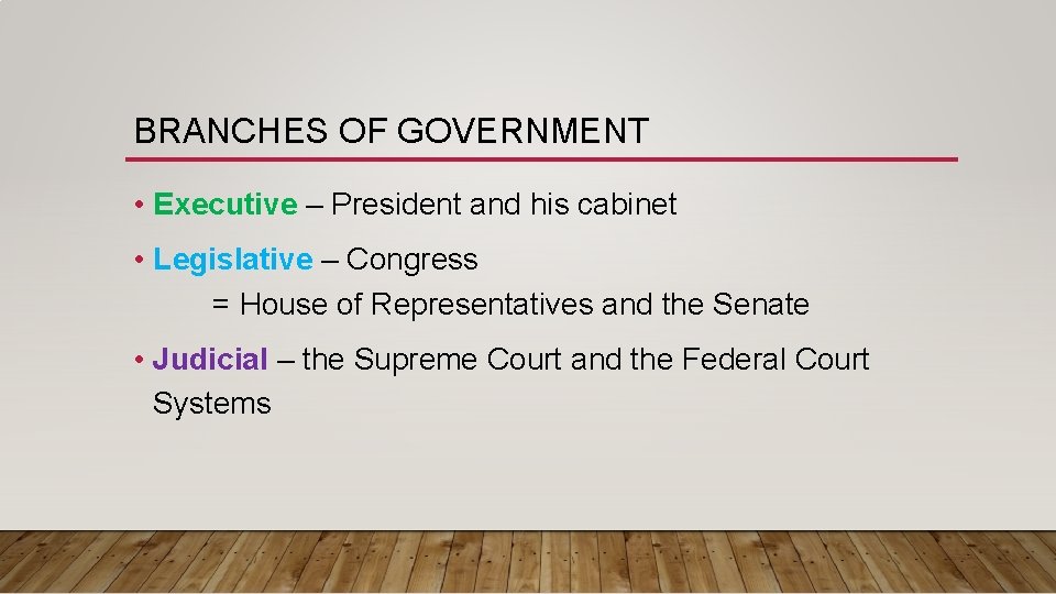 BRANCHES OF GOVERNMENT • Executive – President and his cabinet • Legislative – Congress