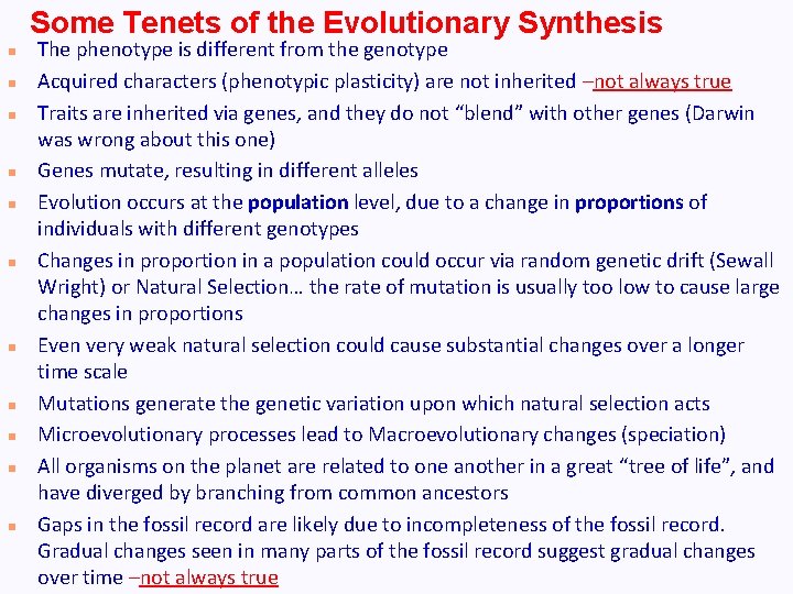 Some Tenets of the Evolutionary Synthesis n n n The phenotype is different from