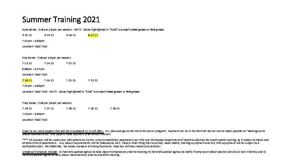 Summer Training 2021 June Series - $10 per player per session - NOTE: Dates