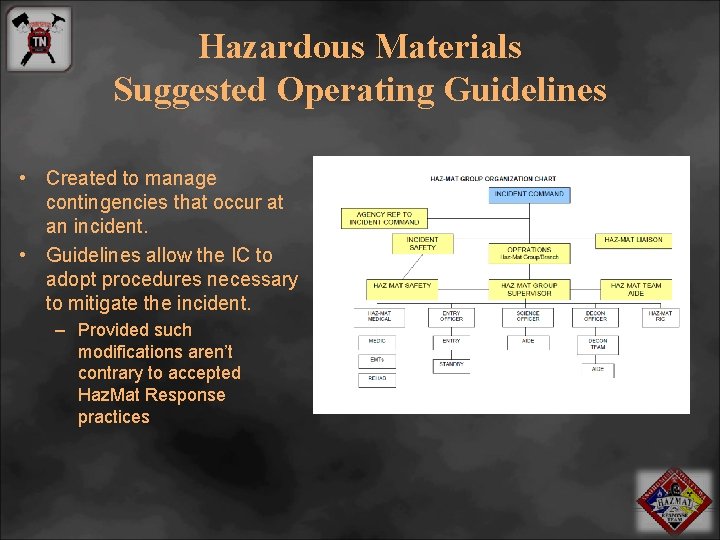 Hazardous Materials Suggested Operating Guidelines • Created to manage contingencies that occur at an