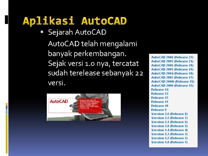 Aplikasi Auto. CAD Sejarah Auto. CAD telah mengalami banyak perkembangan. Sejak versi 1. 0