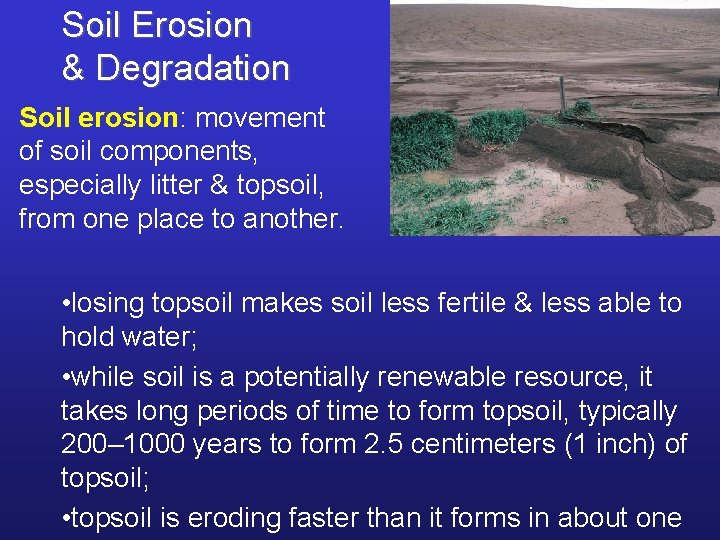 Soil Erosion & Degradation Soil erosion: movement of soil components, especially litter & topsoil,