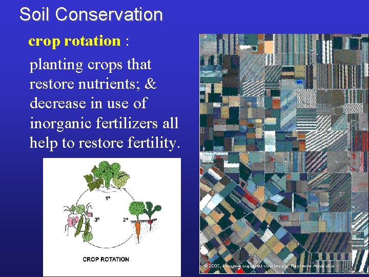 Soil Conservation crop rotation : planting crops that restore nutrients; & decrease in use