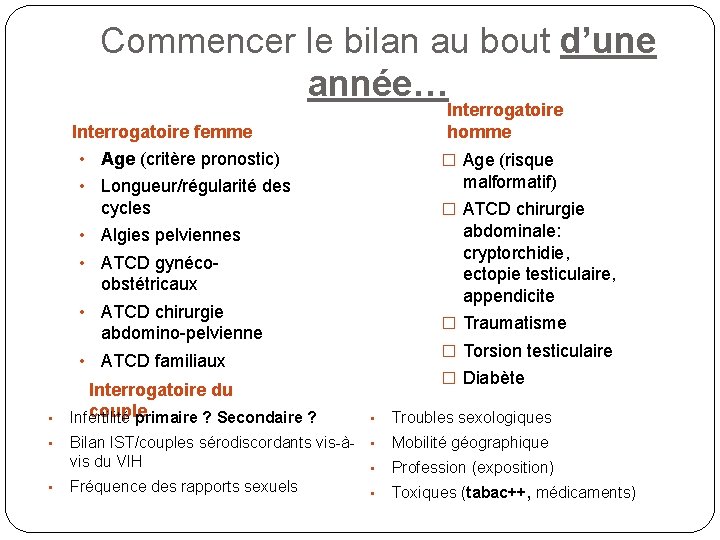 Commencer le bilan au bout d’une année… Interrogatoire homme Interrogatoire femme • Age (critère