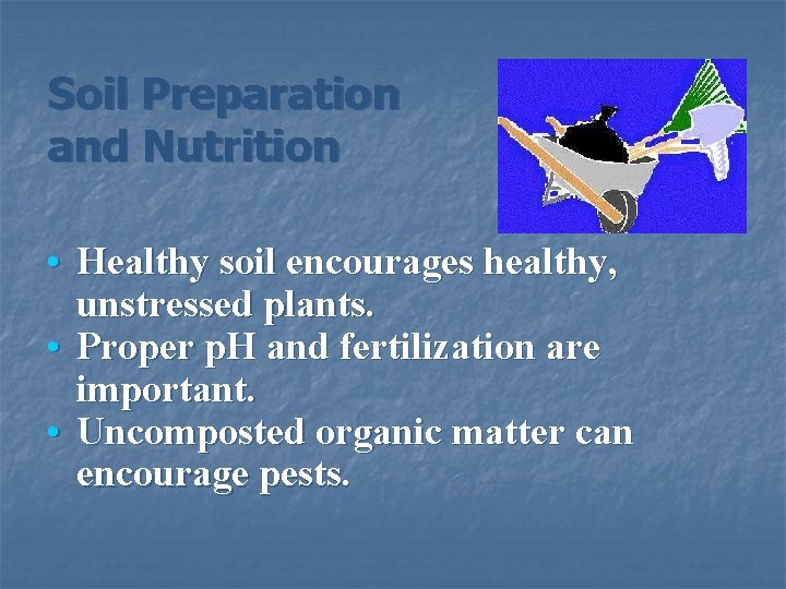 Soil Preparation and Nutrition • Healthy soil encourages healthy, unstressed plants. • Proper p.