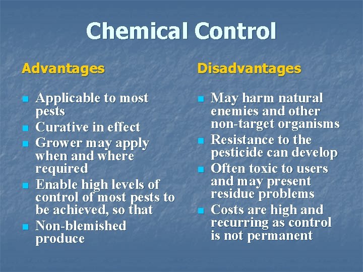 Chemical Control Advantages n n n Applicable to most pests Curative in effect Grower