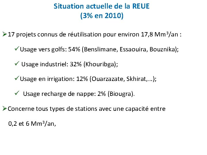 Situation actuelle de la REUE (3% en 2010) Ø 17 projets connus de réutilisation
