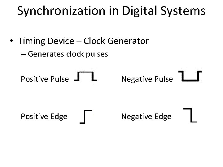 Synchronization in Digital Systems • Timing Device – Clock Generator – Generates clock pulses Synchronization in Digital Systems • Timing Device – Clock Generator – Generates clock pulses