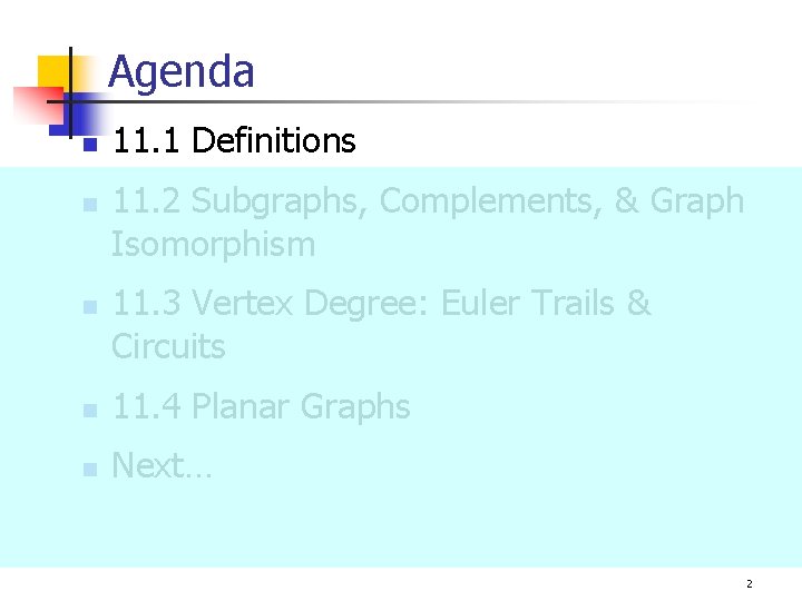 Agenda n n n 11. 1 Definitions 11. 2 Subgraphs, Complements, & Graph Isomorphism Agenda n n n 11. 1 Definitions 11. 2 Subgraphs, Complements, & Graph Isomorphism