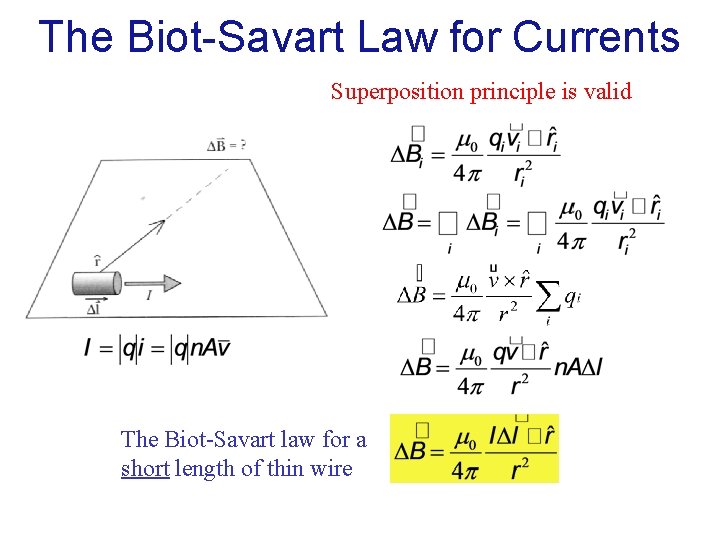 The Biot-Savart Law for Currents Superposition principle is valid The Biot-Savart law for a