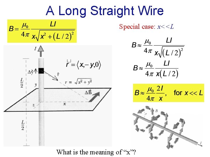 A Long Straight Wire Special case: x<<L What is the meaning of “x”? 