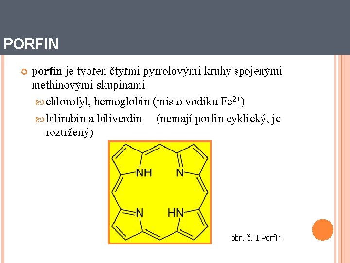 PORFIN porfin je tvořen čtyřmi pyrrolovými kruhy spojenými methinovými skupinami chlorofyl, hemoglobin (místo vodíku