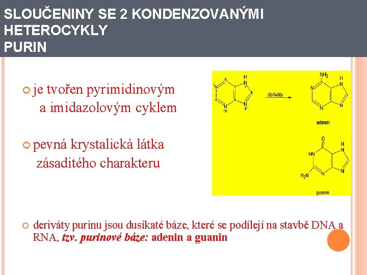 SLOUČENINY SE 2 KONDENZOVANÝMI HETEROCYKLY PURIN je tvořen pyrimidinovým a imidazolovým cyklem pevná krystalická