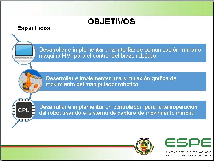 Específicos OBJETIVOS Desarrollar e implementar una interfaz de comunicación humano maquina HMI para el