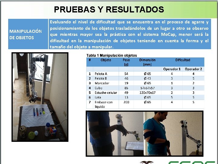 PRUEBAS Y RESULTADOS MANIPULACIÓN DE OBJETOS Evaluando el nivel de dificultad que se encuentra