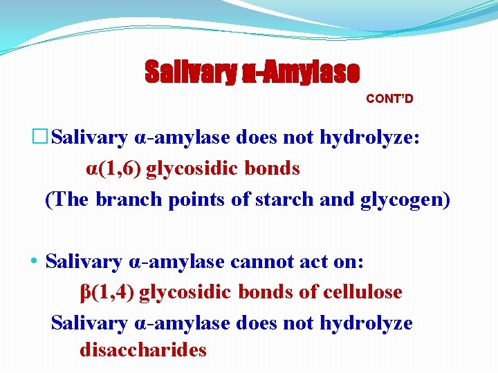 Salivary α-Amylase CONT’D �Salivary α-amylase does not hydrolyze: α(1, 6) glycosidic bonds (The branch
