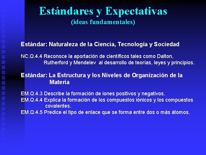 Estándares y Expectativas (ideas fundamentales) Estándar: Naturaleza de la Ciencia, Tecnología y Sociedad NC.