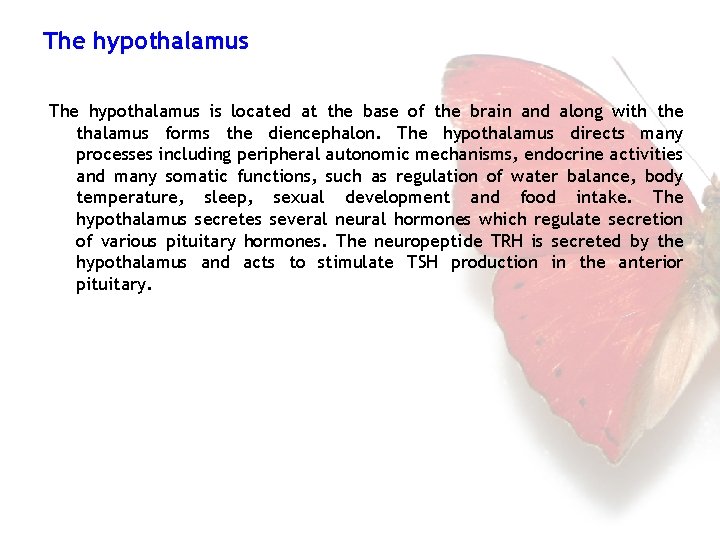 The hypothalamus is located at the base of the brain and along with the