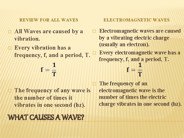 REVIEW FOR ALL WAVES � � � ELECTROMAGNETIC WAVES � All Waves are caused